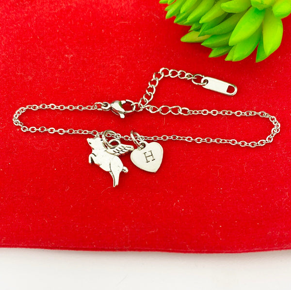 Silver Pig with Wings Charm Bracelet Personalized Customized Gifts, N1743A