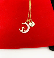 Gold Pink Cat Sit on the Crescent Moon Charm Necklace, Pink Cat Charm, Crescent Half Moon Charm, N256
