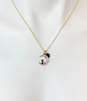 Gold Pink Cat Sit on the Crescent Moon Charm Necklace, Pink Cat Charm, Crescent Half Moon Charm, N256