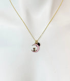 Gold Pink Cat Sit on the Crescent Moon Charm Necklace, Pink Cat Charm, Crescent Half Moon Charm, N256