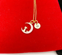 Gold Pink Cat Sit on the Crescent Moon Charm Necklace, Pink Cat Charm, Crescent Half Moon Charm, N256