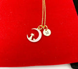 Gold Pink Cat Sit on the Crescent Moon Charm Necklace, Pink Cat Charm, Crescent Half Moon Charm, N256