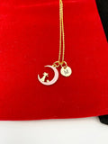 Gold Pink Cat Sit on the Crescent Moon Charm Necklace, Pink Cat Charm, Crescent Half Moon Charm, N256