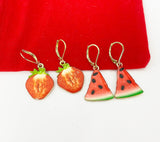 Gold Red Strawberry Charm Earrings or Gold Red Watermelon Earrings, Fruit Jewelry, Miniature Earrings, Christmas Gift, N1466A