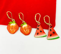 Gold Red Strawberry Charm Earrings or Gold Red Watermelon Earrings, Fruit Jewelry, Miniature Earrings, Christmas Gift, N1466A