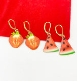 Gold Red Strawberry Charm Earrings or Gold Red Watermelon Earrings, Fruit Jewelry, Miniature Earrings, Christmas Gift, N1466A