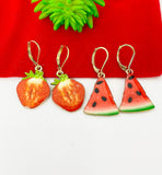 Gold Red Strawberry Charm Earrings or Gold Red Watermelon Earrings, Fruit Jewelry, Miniature Earrings, Christmas Gift, N1466A