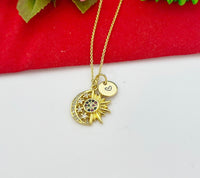 Christmas Gifts for Mom, Gold Cubic Zirconia Moon with Sun Charms Necklace N3803