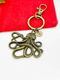 Octopus Keychain, Personalized Initial Charm, Bronze or Silver Tone