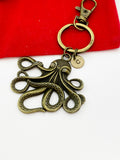 Octopus Keychain, Personalized Initial Charm, Bronze or Silver Tone