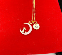 Gold Pink Cat Sit on the Crescent Moon Charm Necklace, Pink Cat Charm, Crescent Half Moon Charm, N256