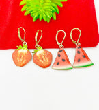 Gold Red Strawberry Charm Earrings or Gold Red Watermelon Earrings, Fruit Jewelry, Miniature Earrings, Christmas Gift, N1466A