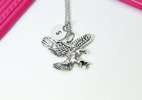 Eagle Necklace, Silver or Gold Eagle Charm, Eagle Bird Jewelry Gift, Personalized Initial Gift, N3669A