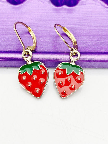 Gold Red Strawberry Charm Earrings, Hypoallergenic, Best Seller Christmas Gifts for Girlfriends, N3583A