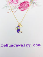 Gold Witch Riding Broom Charm Necklace Halloween Gifts, N2315
