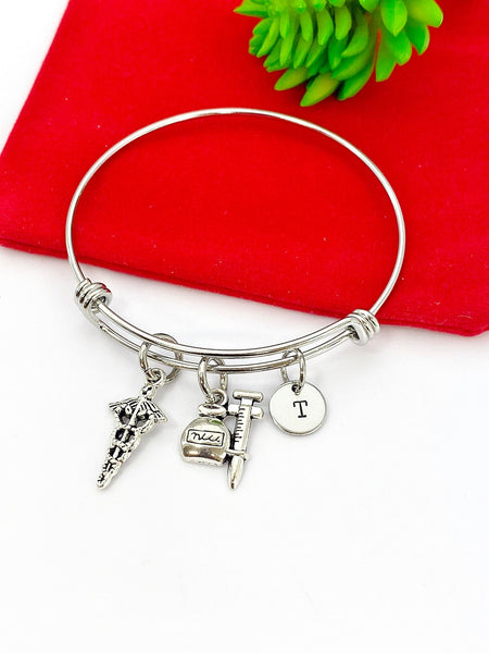 Best Christmas Gifts for Doctor Nurse, Silver Caduceus Medical Syringe Charm Bracelet N759A