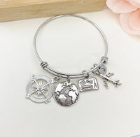 Silver Traveler Bracelet Compass, Globe, Suitcase Airplane Charms, Best Seller Christmas Traveler Retirement Gifts, N5371