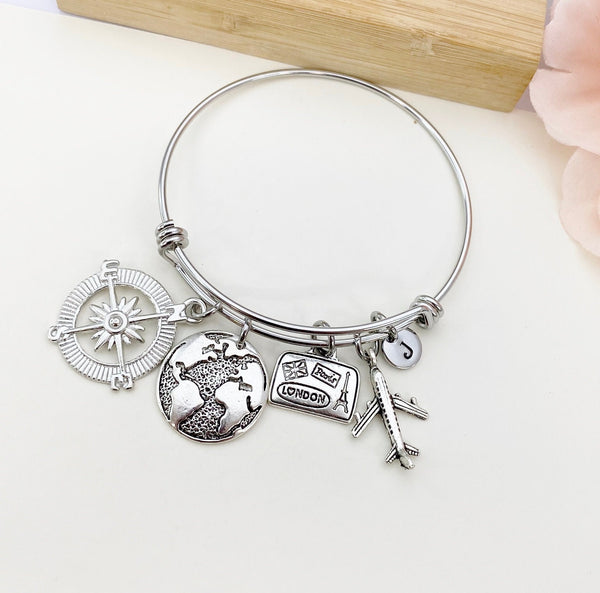 Silver Traveler Bracelet Compass, Globe, Suitcase Airplane Charms, Best Seller Christmas Traveler Retirement Gifts, N5371