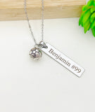 Personalized Soccer Ball Necklace, Engraved Name Tag, Stainless Steel, D022