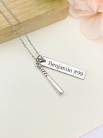 Silver Baseball Bat Charm Necklace Name, Best Seller Christmas Gifts for Baseball Team, School Sport Team Gifts, D046