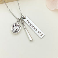 Silver Baseball Necklace Gloves, Bat, Name, Best Seller Christmas Gifts for Baseball Team, School Sport Team Gifts, D047