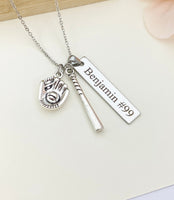 Silver Baseball Necklace Gloves, Bat, Name, Best Seller Christmas Gifts for Baseball Team, School Sport Team Gifts, D047