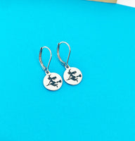 Witch Riding Broom Charm Earrings Halloween Jewelry Gift, Hypoallergenic Earrings, N1297B