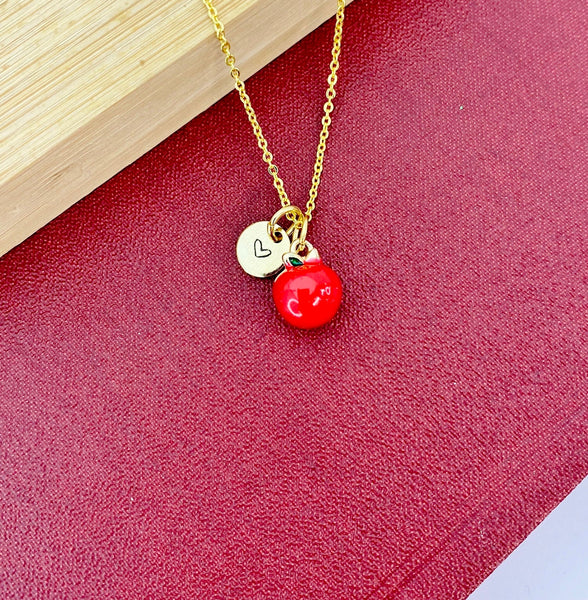 Gold Red Apple Charm Necklace, N5383