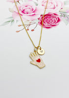 Gold Hand with Red Heart Charm Necklace N1429G