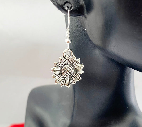 Silver Sunflower Charm Earrings Best Seller Christmas Gifts, Hypoallergenic Earrings, N1900A