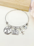 Silver Travel Bracelet Globe, Suitcase Airplane Charms, Best Seller Christmas Travel Agency Gifts, N5370