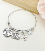 Silver Travel Bracelet Globe, Suitcase Airplane Charms, Best Seller Christmas Travel Agency Gifts, N5370