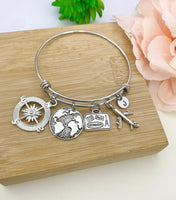 Silver Traveler Bracelet Compass, Globe, Suitcase Airplane Charms, Best Seller Christmas Traveler Retirement Gifts, N5371