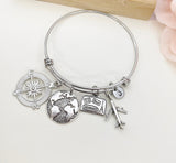 Silver Traveler Bracelet Compass, Globe, Suitcase Airplane Charms, Best Seller Christmas Traveler Retirement Gifts, N5371