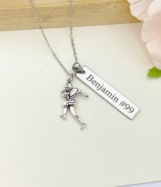 Silver Football Player Charm Necklace Name, Best Christmas Gifts for Football Team, School Sport Team Gifts, D037