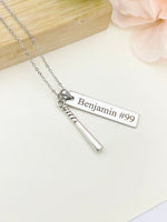 Silver Baseball Bat Charm Necklace Name, Best Seller Christmas Gifts for Baseball Team, School Sport Team Gifts, D046