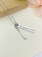 Silver Baseball Bat Charm Necklace Name, Best Seller Christmas Gifts for Baseball Team, School Sport Team Gifts, D046