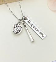 Silver Baseball Necklace Gloves, Bat, Name, Best Seller Christmas Gifts for Baseball Team, School Sport Team Gifts, D047