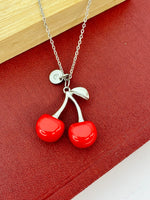 Silver Large Red Cherry Charm Necklace Christmas Gifts for Friends, N5377