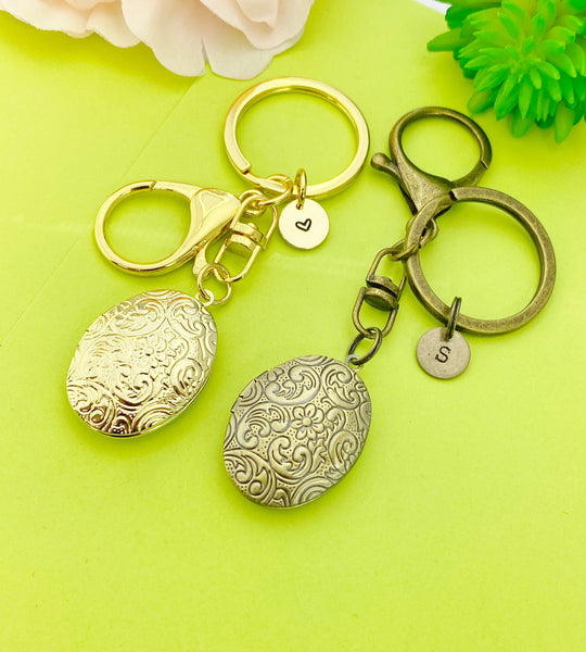 Best Christmas Gift for Mom, Grandmother, Great Grandma, Aunt, Gold or Bronze Flower Locket, Keepsake Photo Frame, Initial Keychain, N1794A