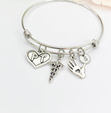 Silver PT Caduceus Hand Heart Bracelet, Best Christmas Gift for Nurse Doctor Medical School Student, Personalized, N5401A