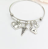 Silver PT Caduceus Hand Heart Bracelet, Best Christmas Gift for Nurse Doctor Medical School Student, Personalized, N5401A