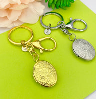 Best Christmas Gift for Mom, Grandmother, Great Grandma, Aunt, Gold or Silver Flower Locket, Keepsake Photo Frame, Initial Keychain, N4922A