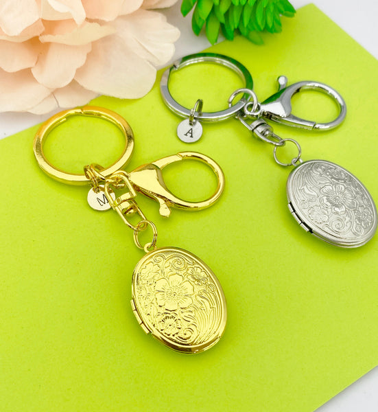 Best Christmas Gift for Mom, Grandmother, Great Grandma, Aunt, Gold or Silver Flower Locket, Keepsake Photo Frame, Initial Keychain, N4922A