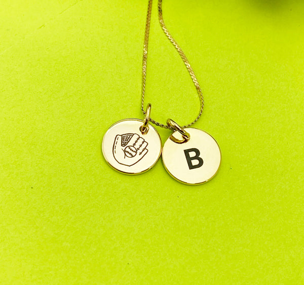 Gold or Silver Baseball Mitten Necklace Personalized Customized Monogram Made to Order Jewelry, D384