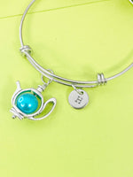 Silver Blue Teapot Charm Bracelet Personalized Customized Monogram Made to Order Jewelry, N5406