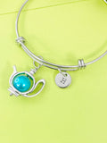 Silver Blue Teapot Charm Bracelet Personalized Customized Monogram Made to Order Jewelry, N5406