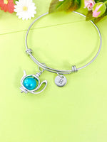 Silver Blue Teapot Charm Bracelet Personalized Customized Monogram Made to Order Jewelry, N5406