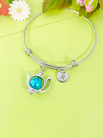 Silver Blue Teapot Charm Bracelet Personalized Customized Monogram Made to Order Jewelry, N5406