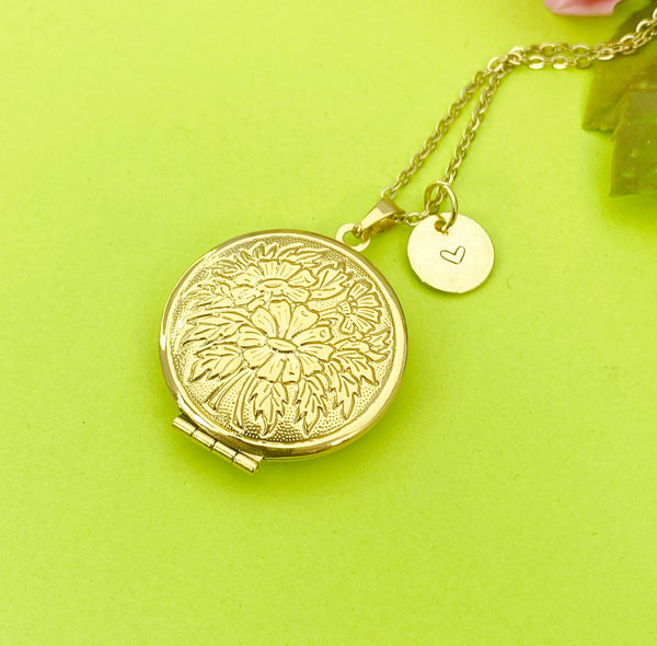 Gold Locket Necklace, Flower Keepsake Photo Frame Locket, Personalized Customized Monogram Made to Order Jewelry, N4515